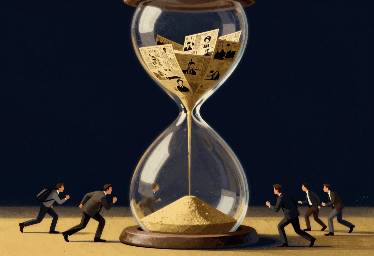Editorial illustration, a giant hourglass filled with comic storyboards, a small production team rac