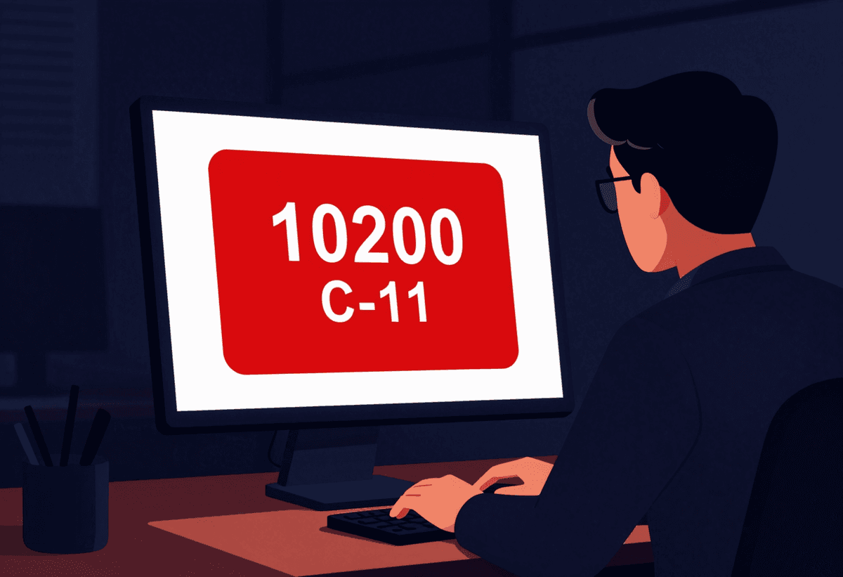 A developer staring intensely at a glowing monitor displaying a massive red warning sign and alert n