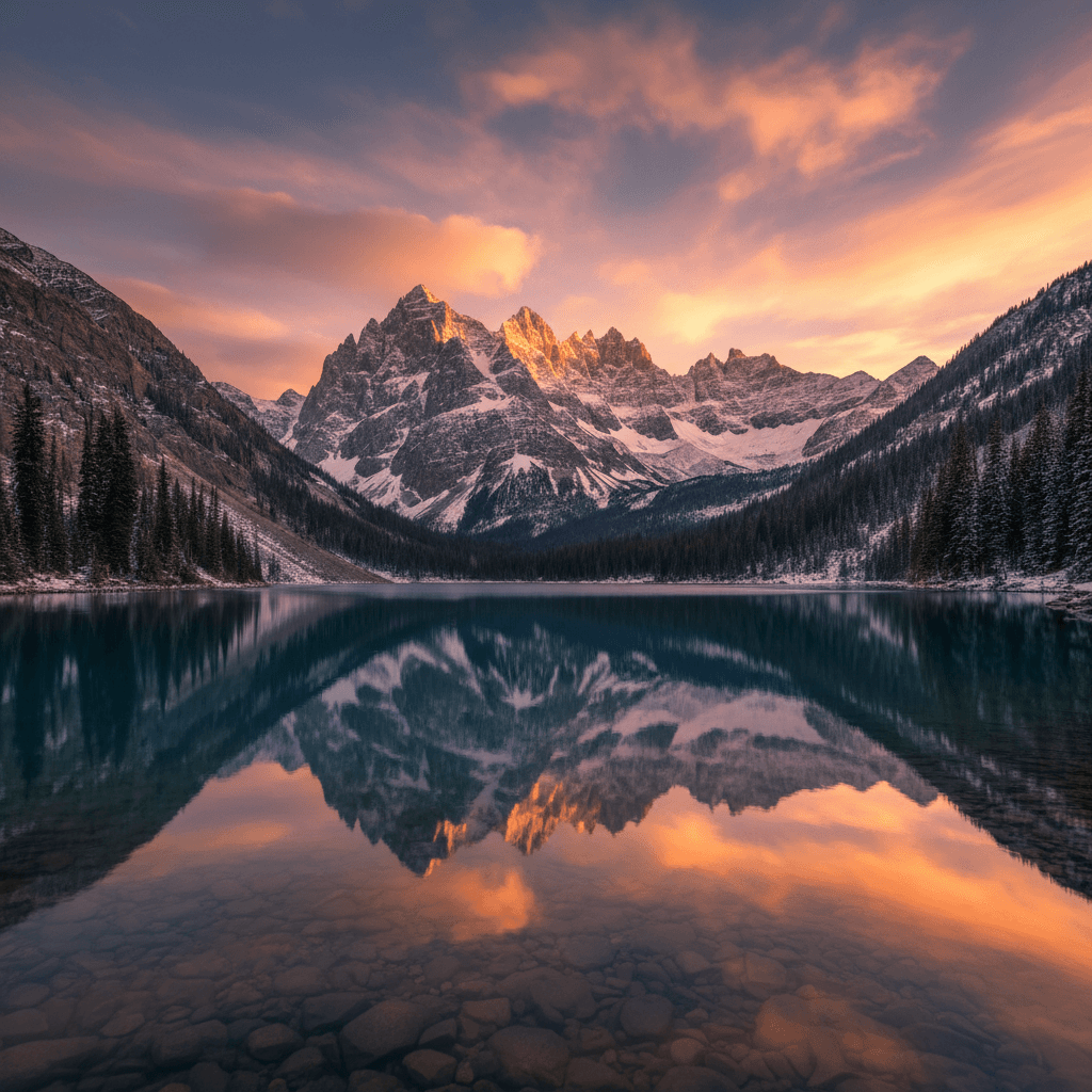 Majestic mountain landscape at golden hour, snow-capped peaks reflecting warm sunset light, pristine