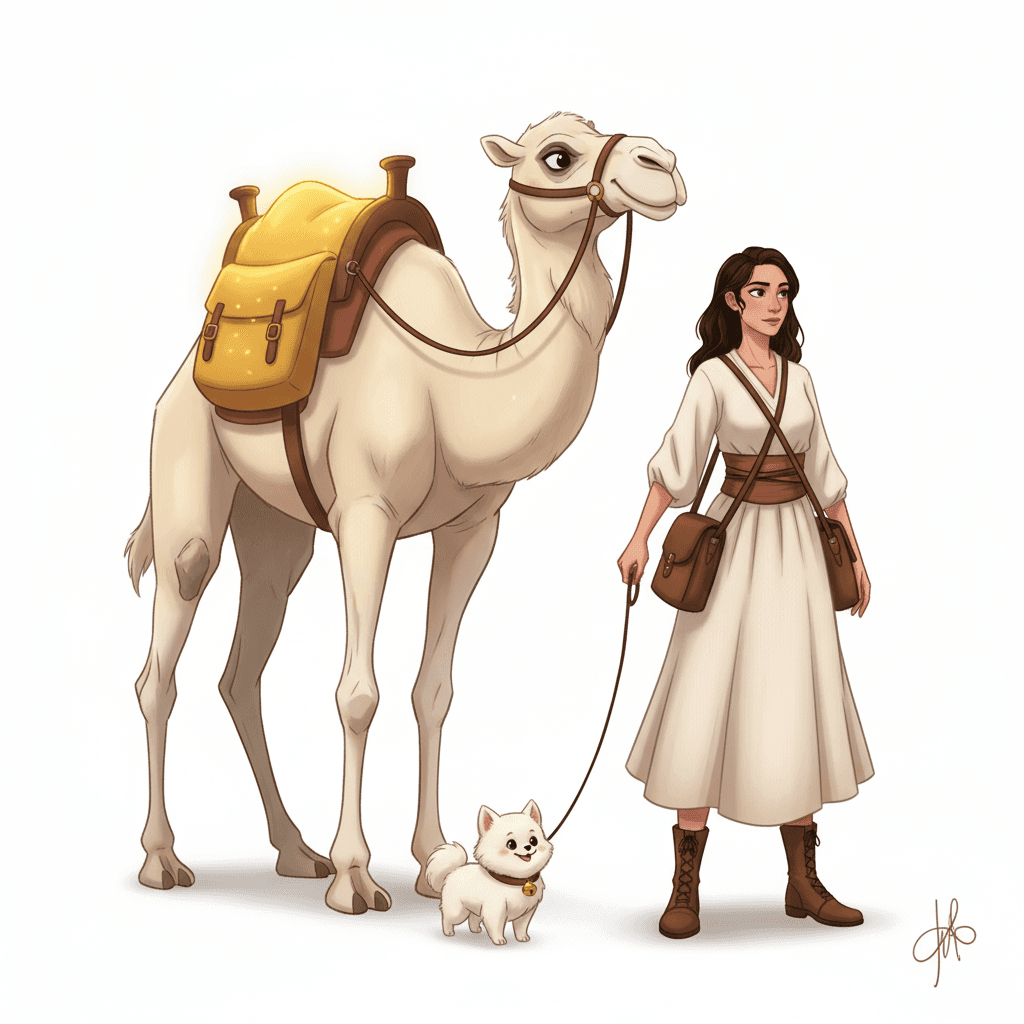 Full body, animation style digital art on a plain white background. One friendly white camel with on