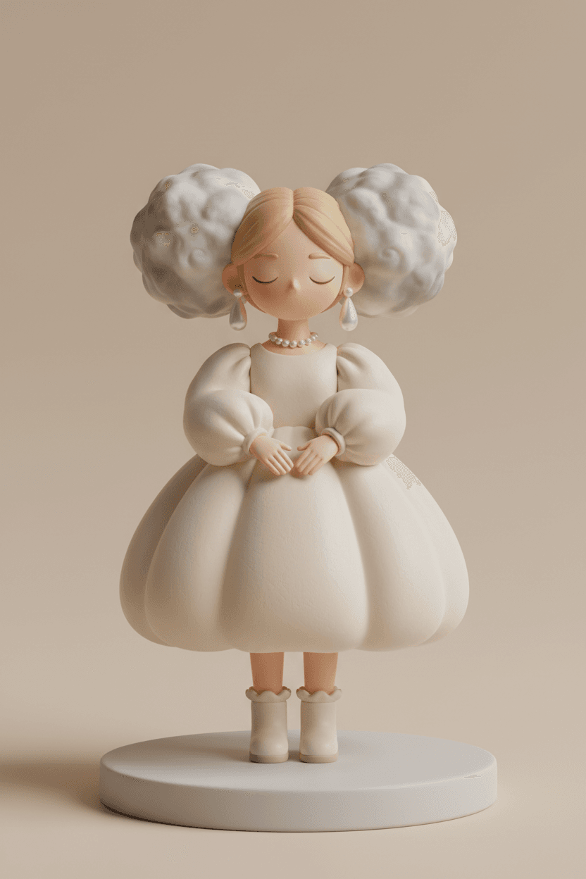 Generate a 3D stylized girl figurine standing centrally on one circular pedestal. The character feat