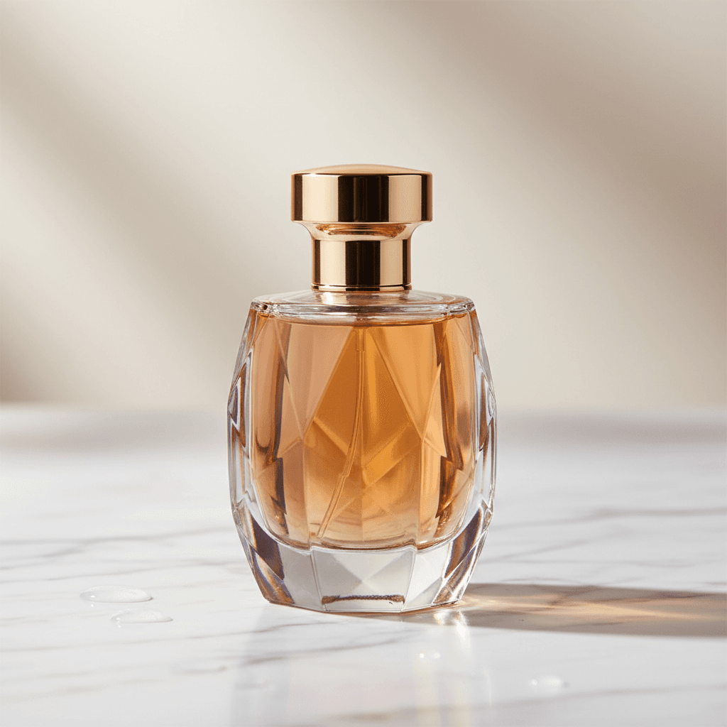Elegant perfume bottle on marble surface, soft studio lighting, luxury product photography, minimali