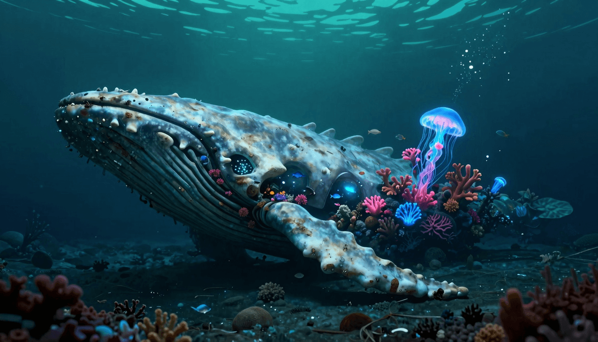 Dark fairy tale: a colossal whale skeleton resting peacefully on the deep ocean floor, centuries old