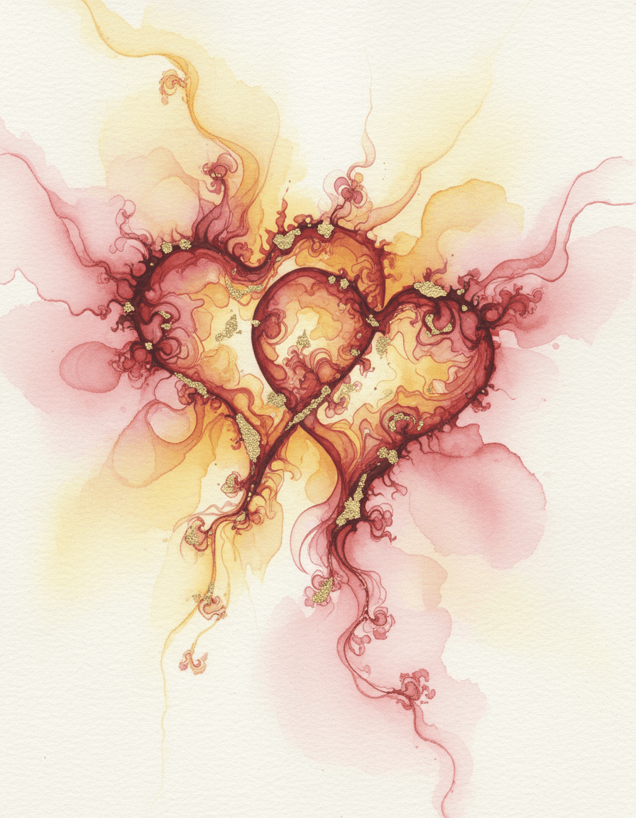 An abstract depiction of two hearts intertwining and melting into each other, where fluid ink patter