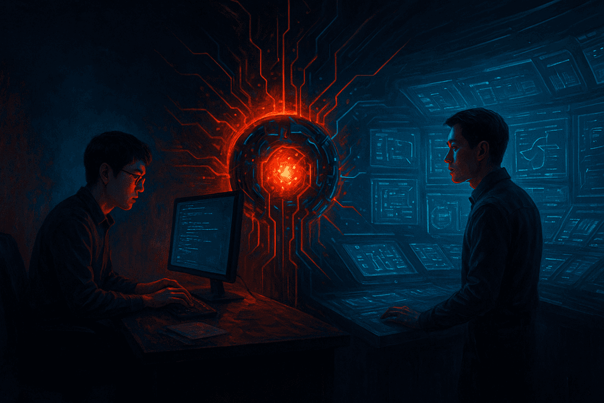 A dramatic conceptual scene of software engineering evolution: traditional coding desk transforming 