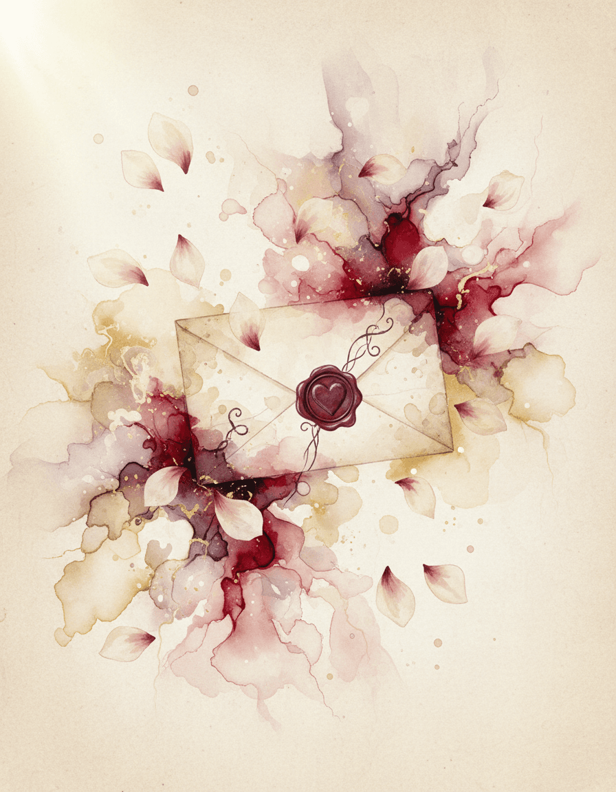 An abstract depiction of a vintage love letter sealed with a wax heart stamp, surrounded by floating