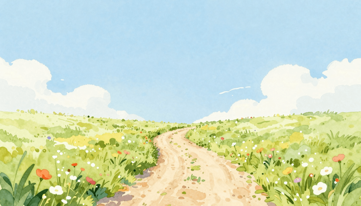 Watercolor spring field with a path and wildflowers
