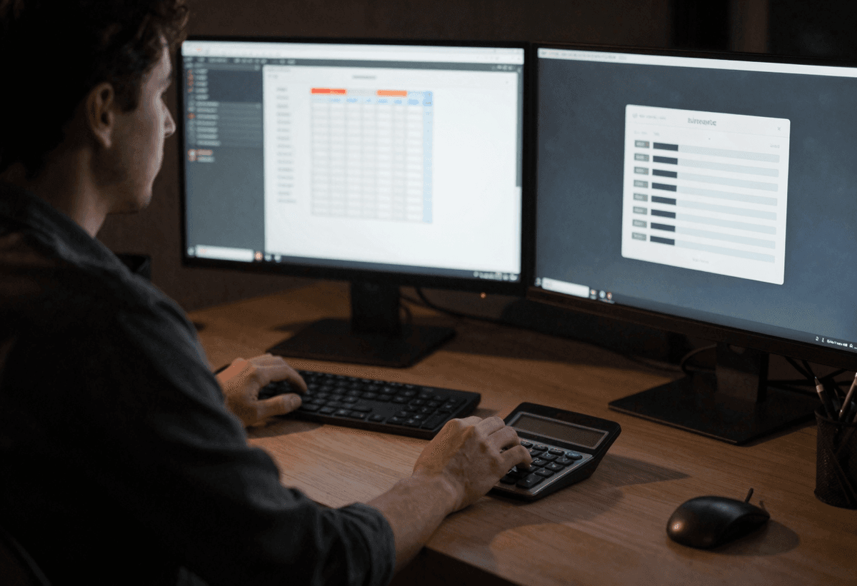 Realistic desk scene with calculator and budget icons, a solo creator facing multiple monitors at ni