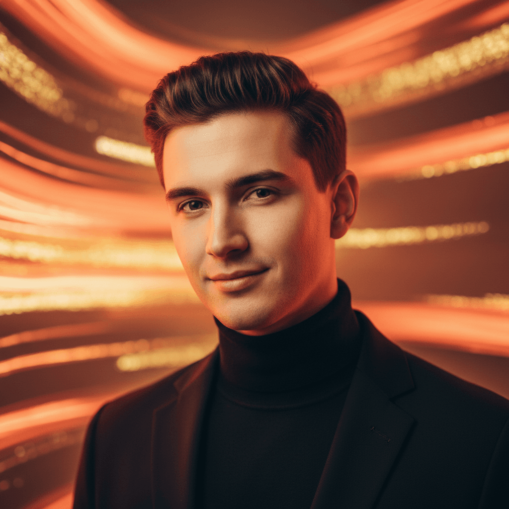 Portrait of a young visionary male tech founder and creative director, confident subtle smile, short