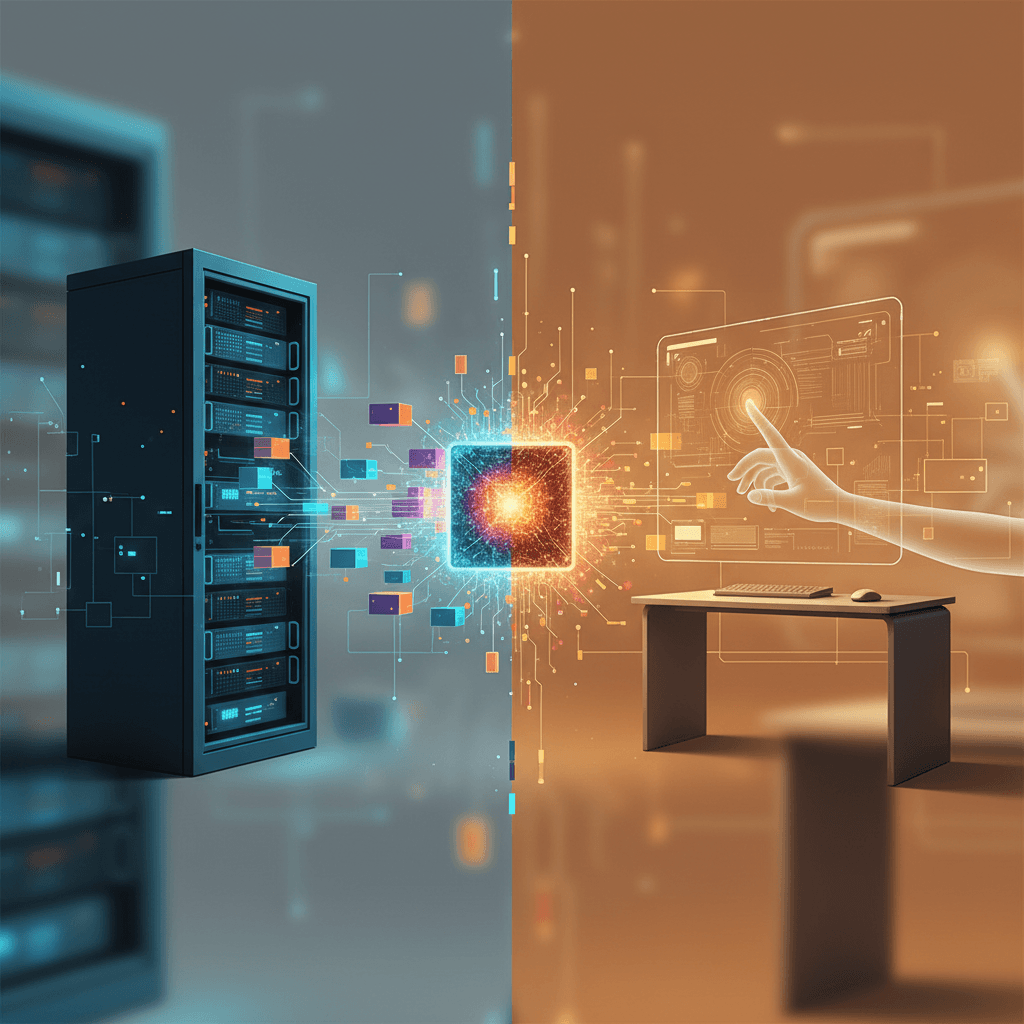 场景3（价值：降本提效）：数据中心与工作台融合画面，少量干净内容块高效流入模型核心，背景中噪音被淡化，体现成本下降与上下文密度提升，冷暖对比，现代科技插画，16:9；禁止任何文字、字母、logo、水印