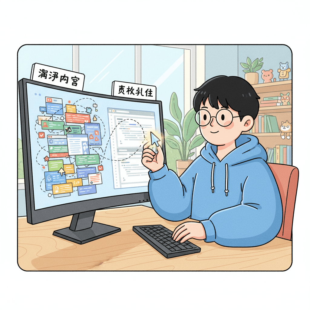 卡通插画风（非真人）：中国年轻内容创作者在电脑前整理网页信息，左侧是杂乱网页元素，右侧是整洁Markdown内容块。界面中可出现少量中文UI字样：‘网页内容’、‘结构化’。配色清爽，公众号配图，16: