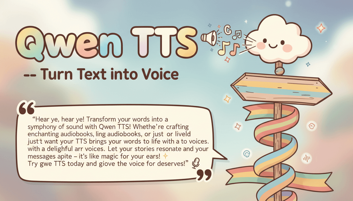 Show me a cute, colorful, warm friendly text for `Qwen TTS — Turn Text into Voice`.