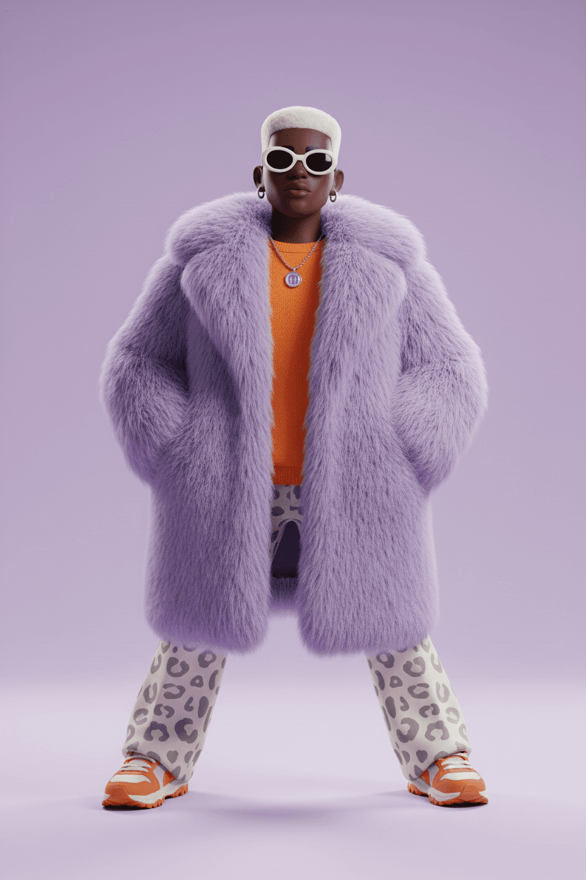 Full-body stylized 3D fashion character, exaggerated toy proportions: **small head**, **massive shou