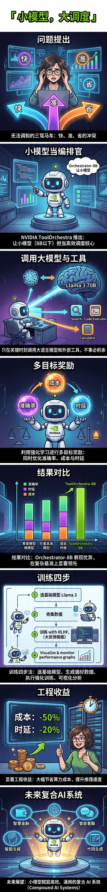 Ultra-tall vertical comic strip, 8 sequential panels telling the complete NVIDIA ToolOrchestra story