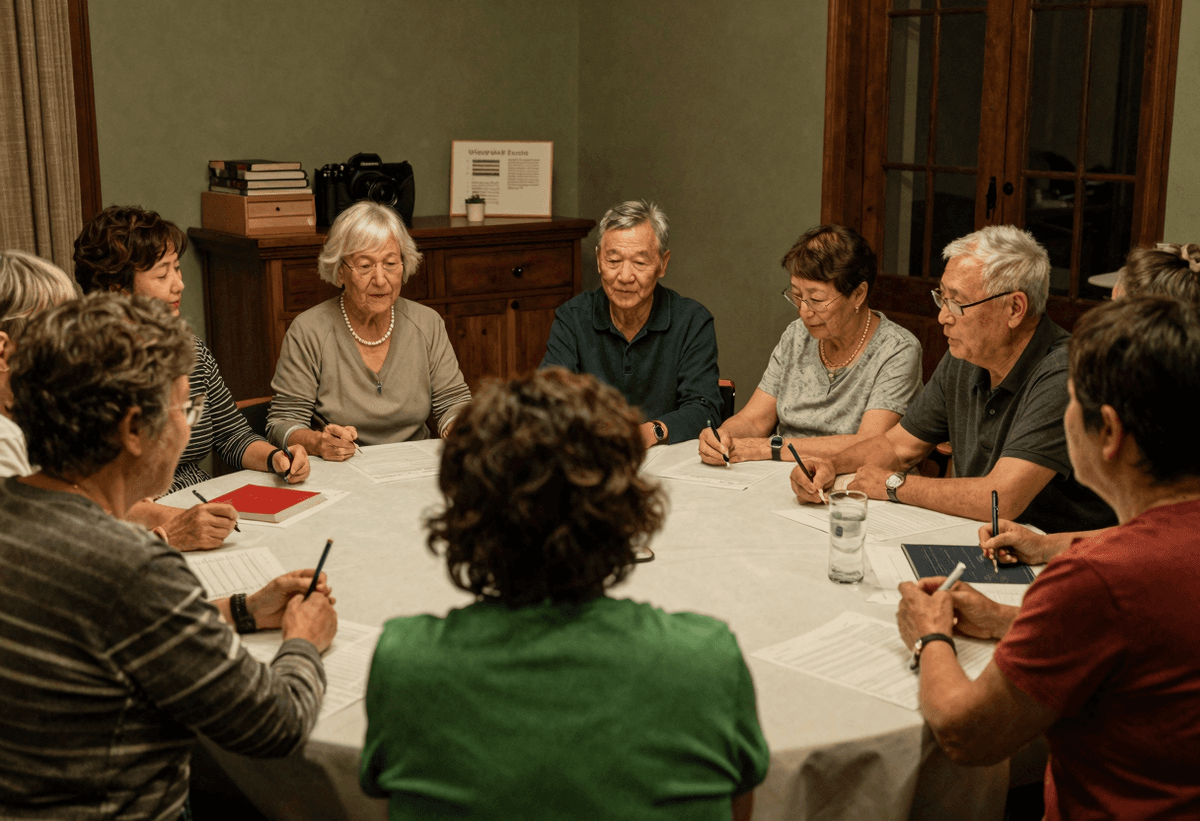 Warm documentary-style scene of active retirees in a community wellness class and travel planning co