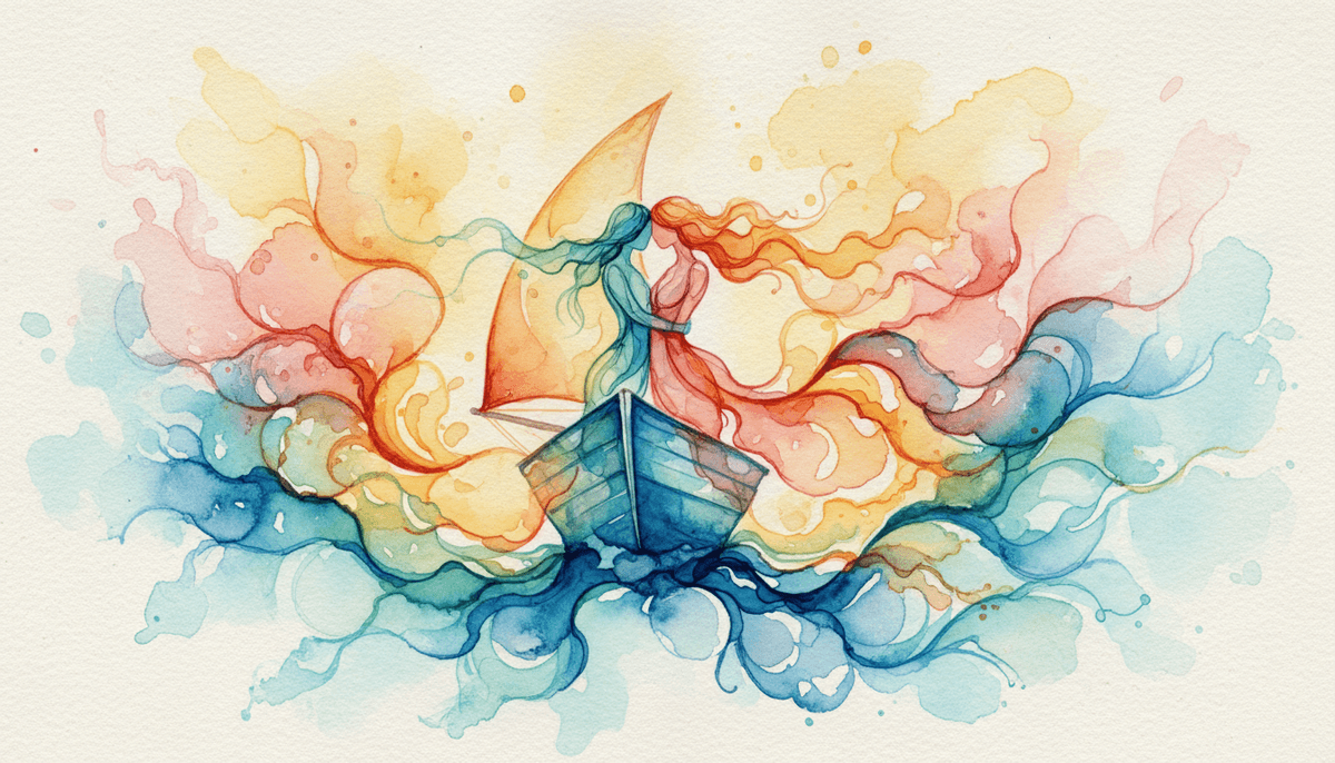 An abstract depiction of a couple embracing at the bow of a ship, where fluid ink patterns intertwin