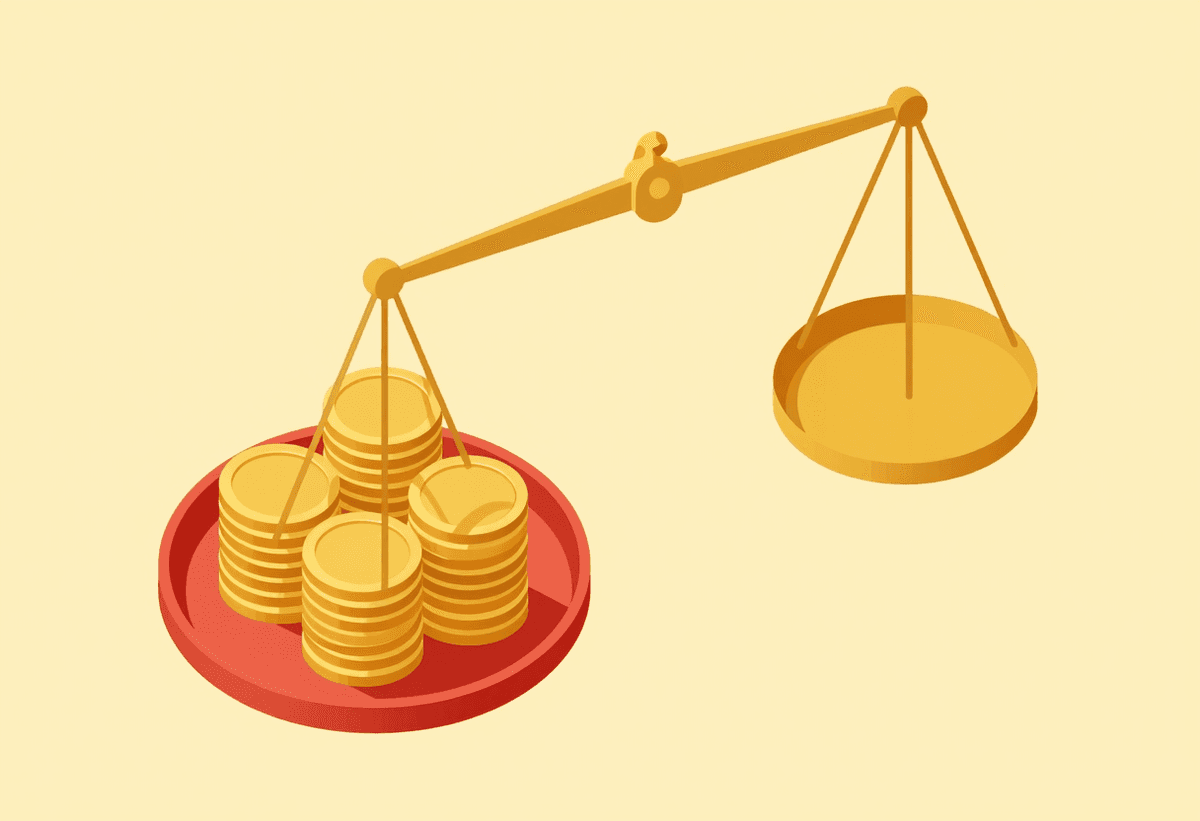 Two drastically unbalanced scale pans in isometric perspective, one side heavily weighted down with 