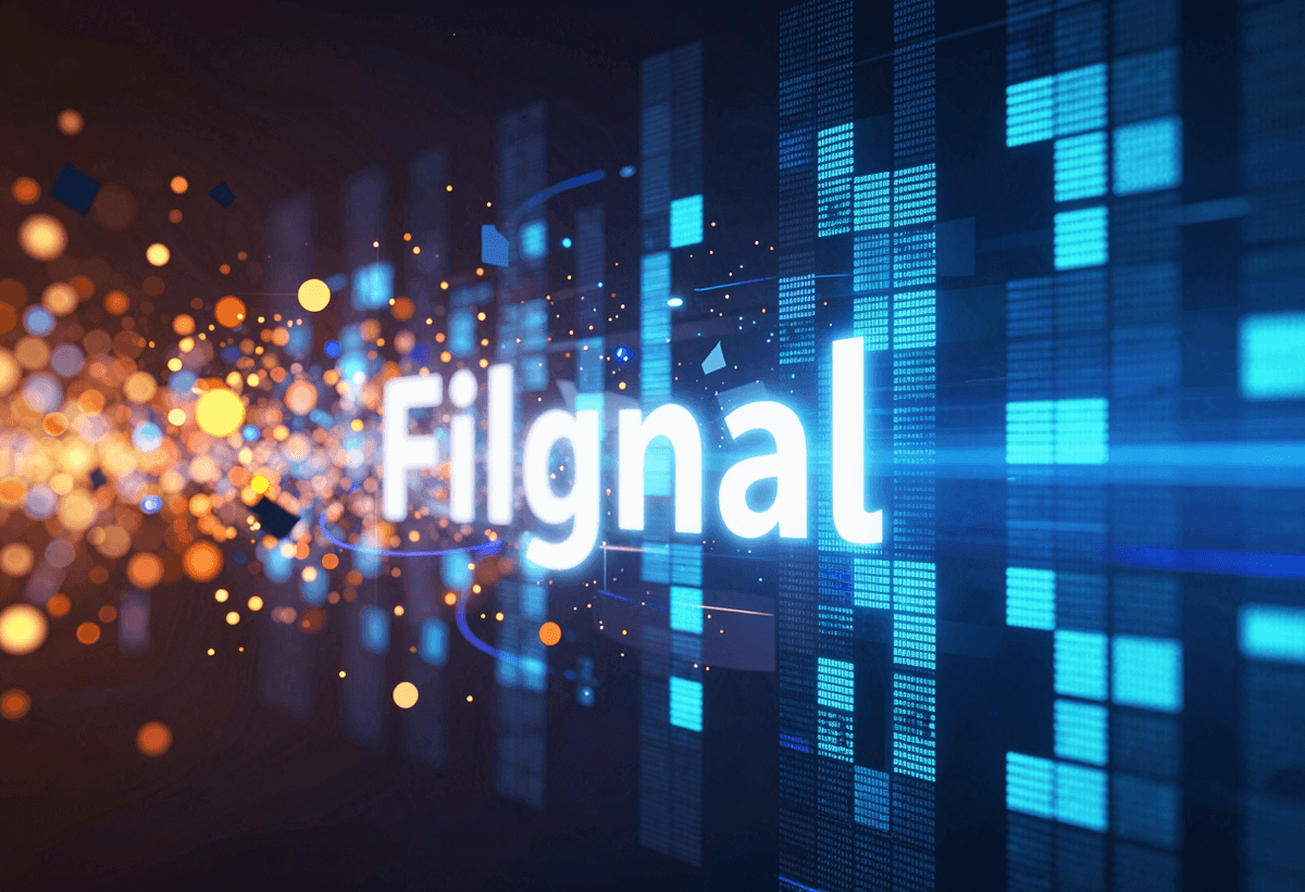 Futuristic AI filtering noisy web data into clean signal, left side chaotic fragments and particles