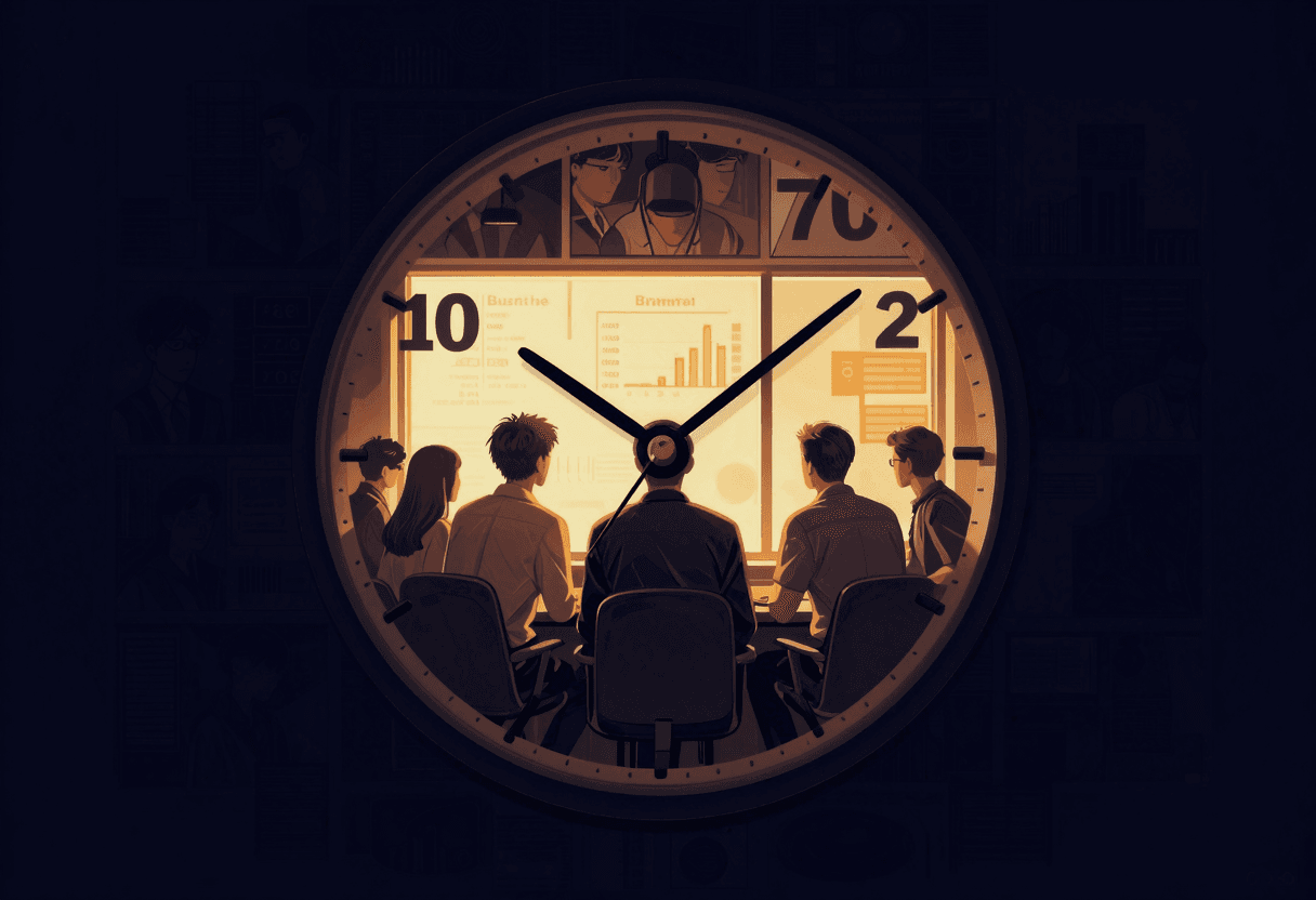 Editorial illustration of a ticking clock made of comic panels, startup team watching market window