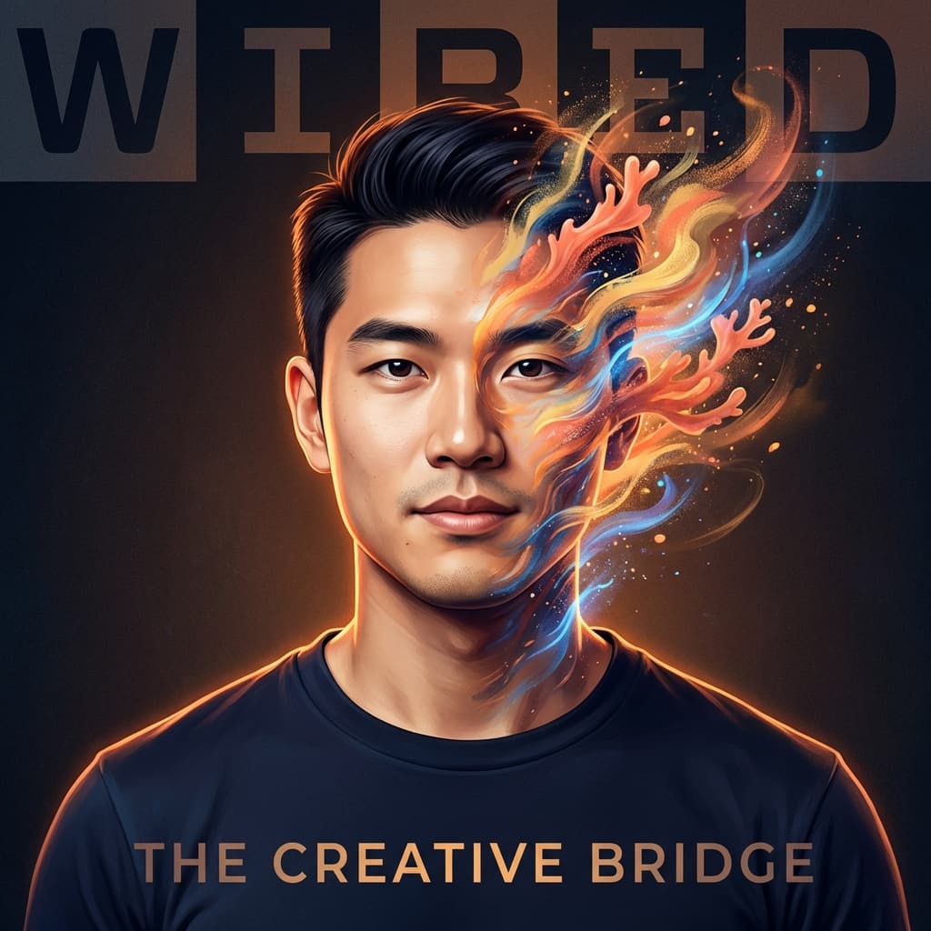 Hyper-stylized digital portrait of a charismatic young male AI startup founder, East Asian features,