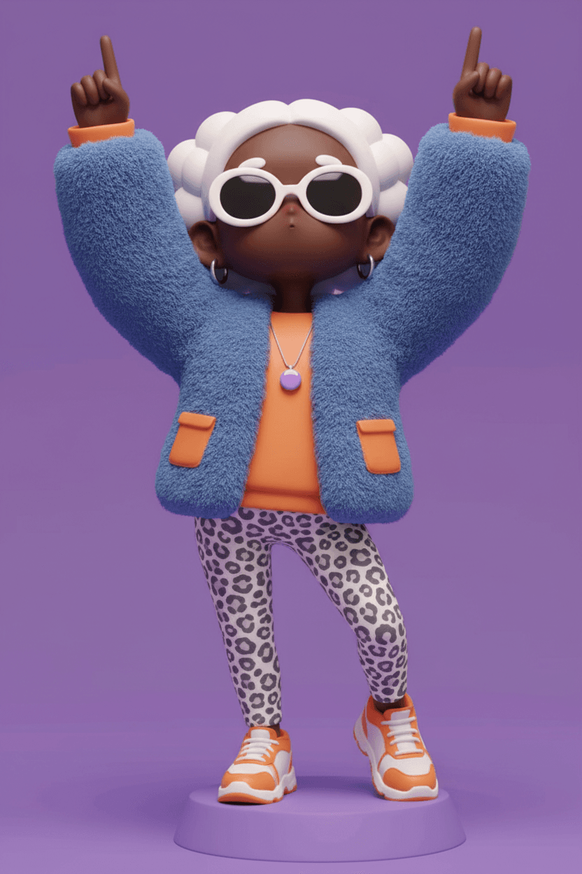 A 3D render of one dark-skinned character with white hair, centered in a dynamic pose with both arms