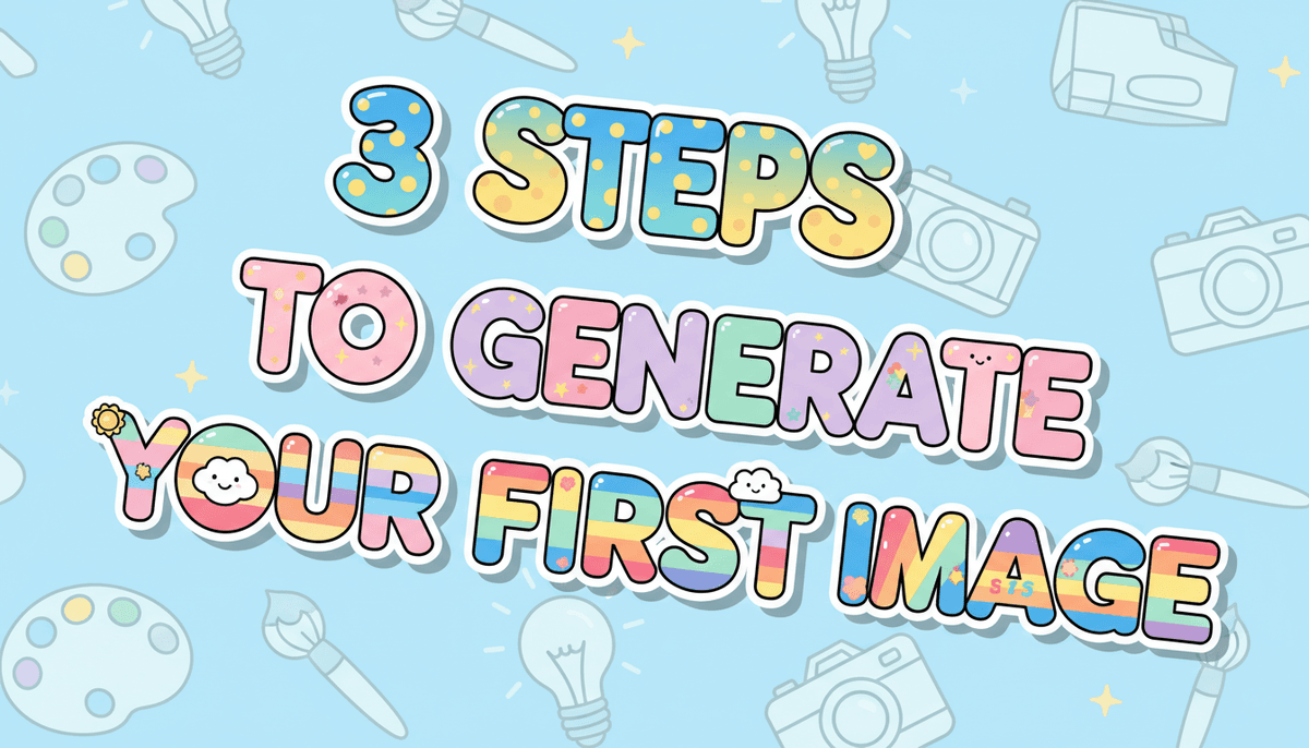 Show me a cute, colorful text for `3 steps to generate your first image`.