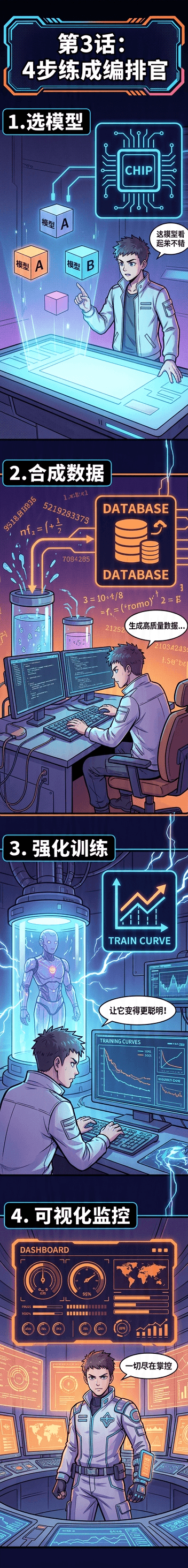 Vertical 1:8, four sequential panels: model selection, data synthesis, RL training, visual monitorin