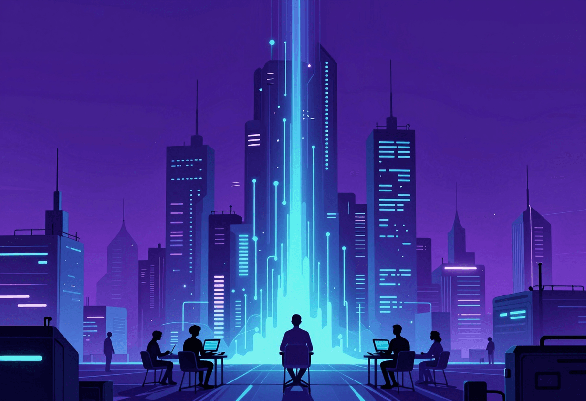 Cyberpunk cityscape with neon towers