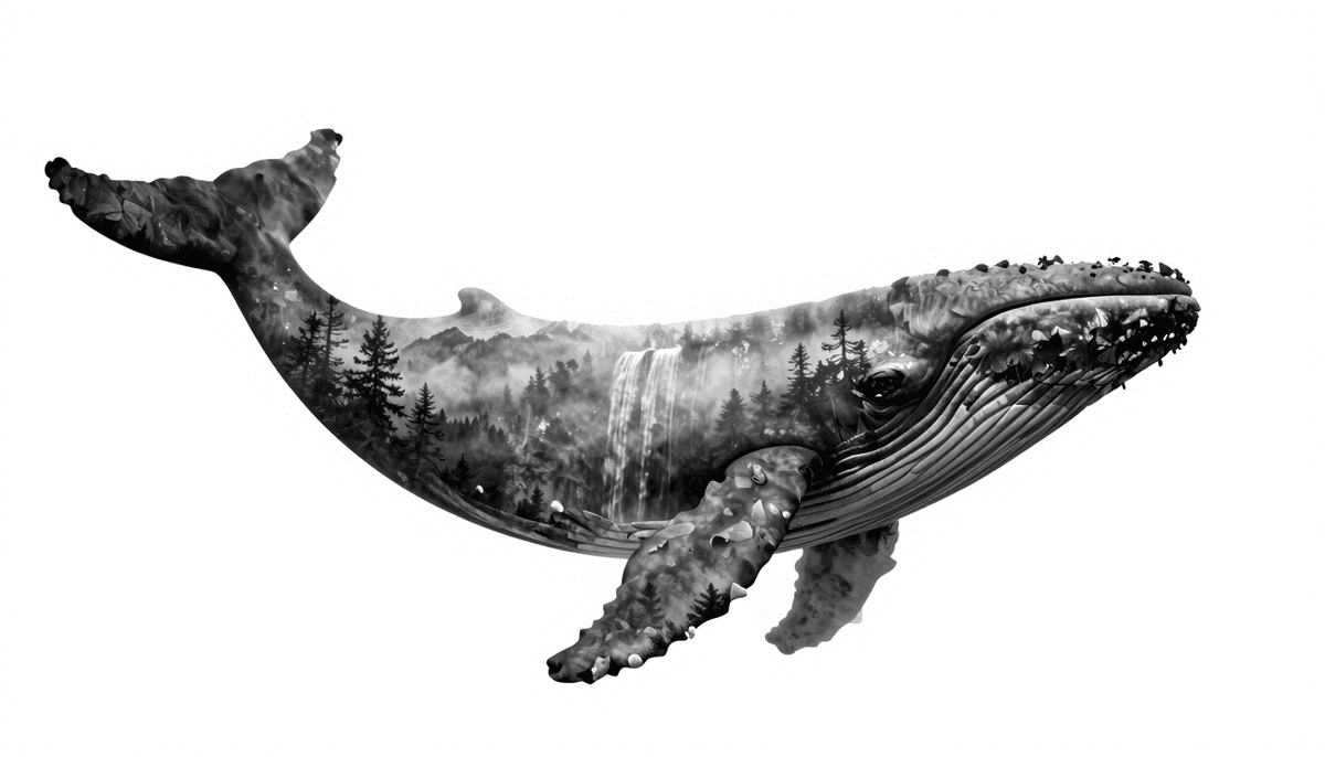 Double-exposure whale silhouette filled with misty forest and waterfall