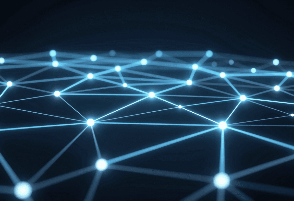 Futuristic research network visualization, glowing nodes and pathways, layered depth, dynamic but cl