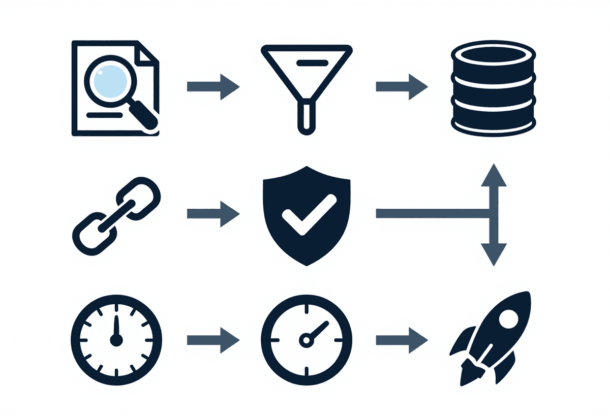 Citation verification workflow: document icons, chain-link icons, shield-check icon, and database ic