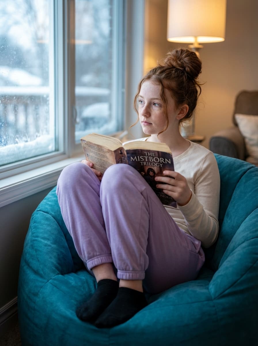 Photorealistic portrait of a 14–15-year-old teenage girl with long red hair gathered into a high mes