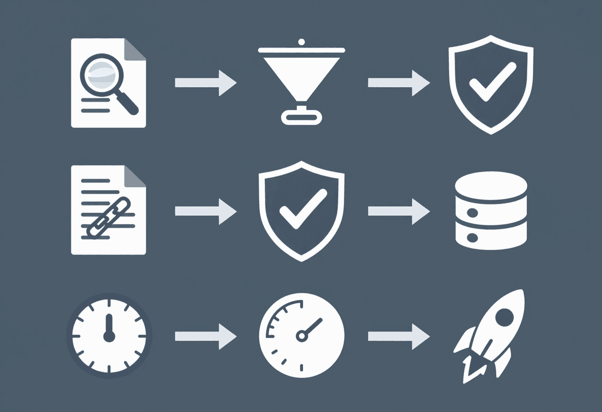 Scene of citation verification workflow: document icons, chain-link icons, shield-check icon, and da