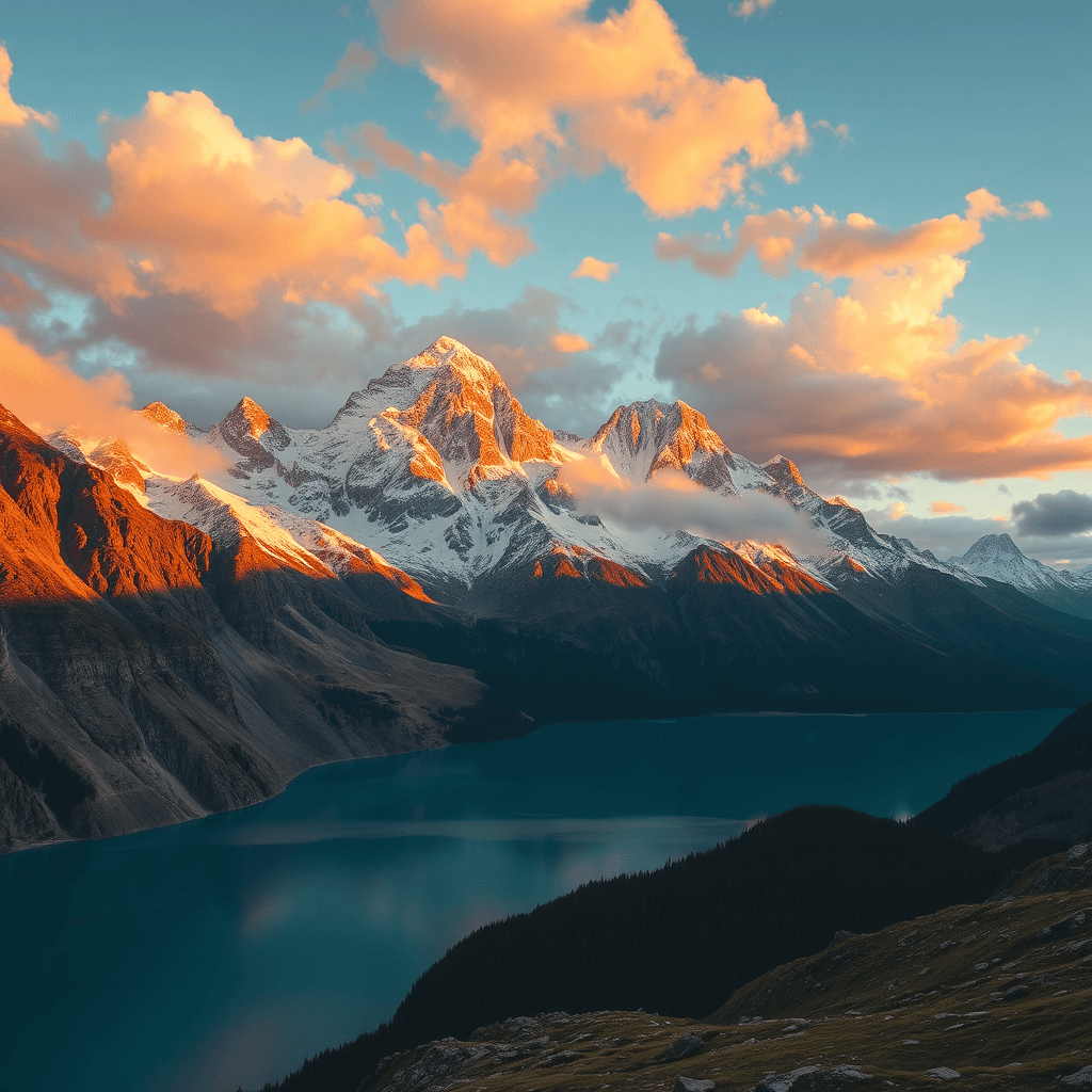 Majestic mountain landscape at golden hour, snow-capped peaks reflecting warm sunset light, pristine