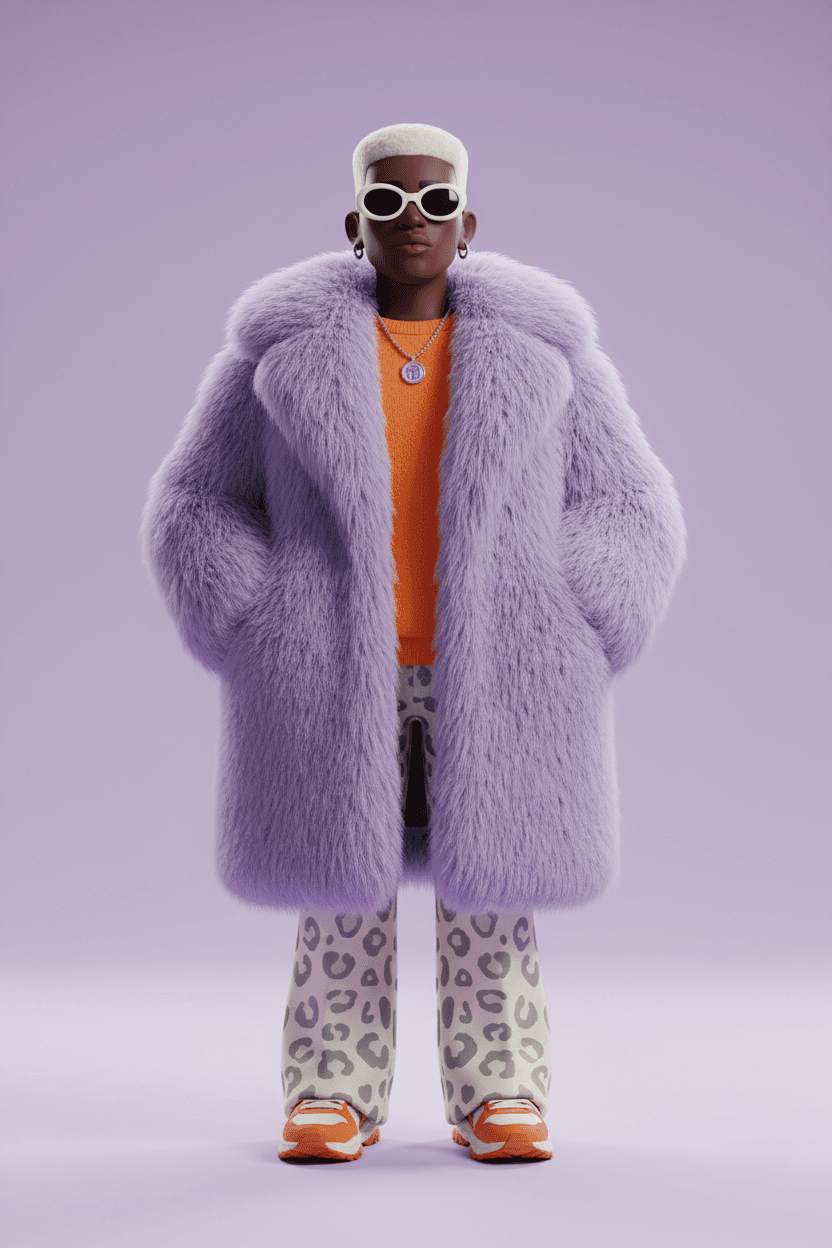 Full-body stylized 3D character render, designer collectible toy aesthetic, a fashionable dark-skinn