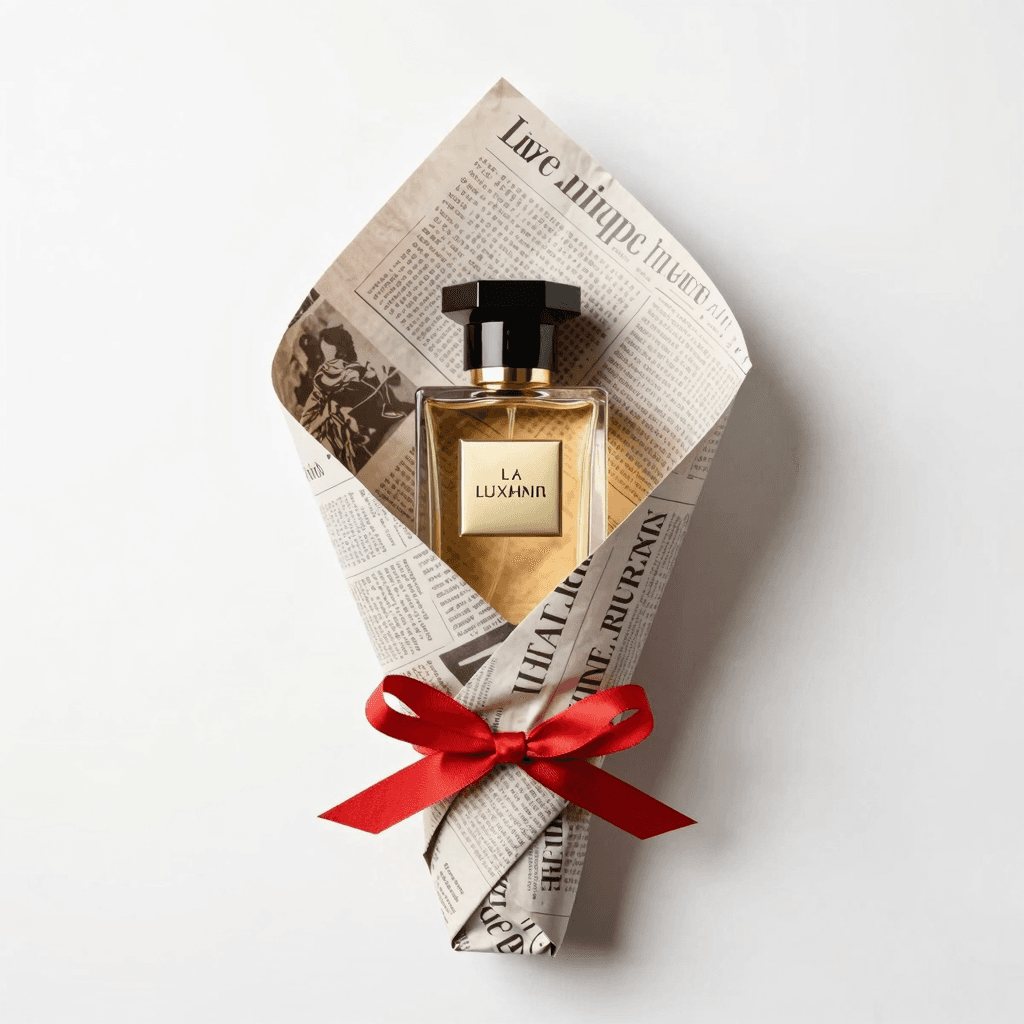 luxury perfume bottle, high-end conceptual product ad, arranged like a bouquet, wrapped in newspaper