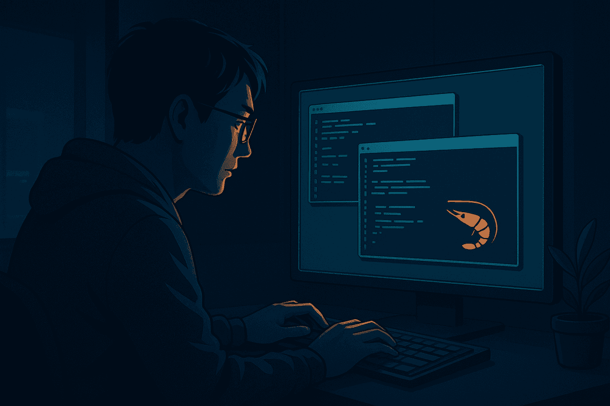 A technical editorial illustration of a lightweight AI agent deployment on a VPS terminal