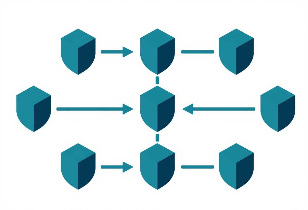 Isometric pipeline of modular blocks with shield shapes and flow arrows, representing reliability an
