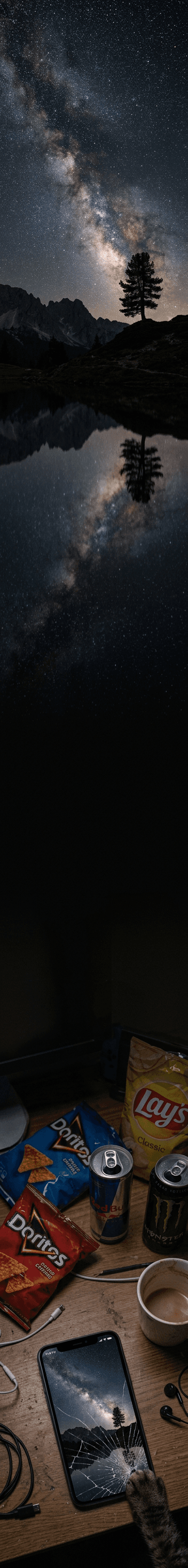 A single 1:8 ultra-tall vertical image designed for mobile scroll reveal. TOP SECTION (top 70%): a p