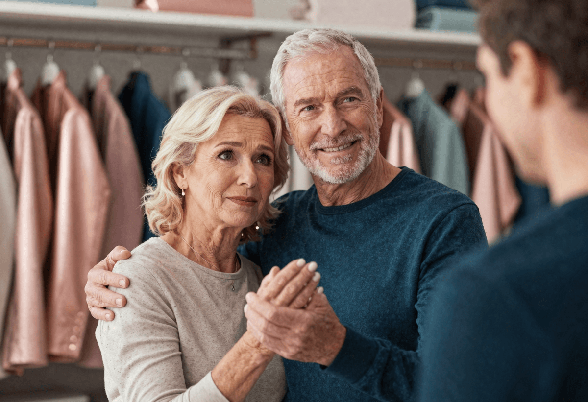 Emotional cinematic scene of an older couple confidently choosing quality services with family suppo