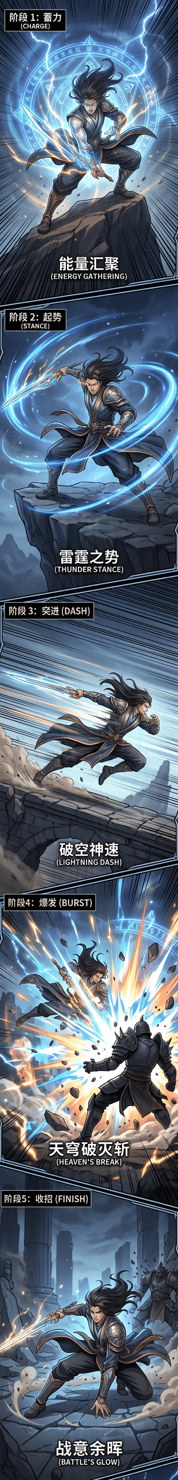 Ultra-tall vertical image, top to bottom: complete action combo release sequence — charging, stance,