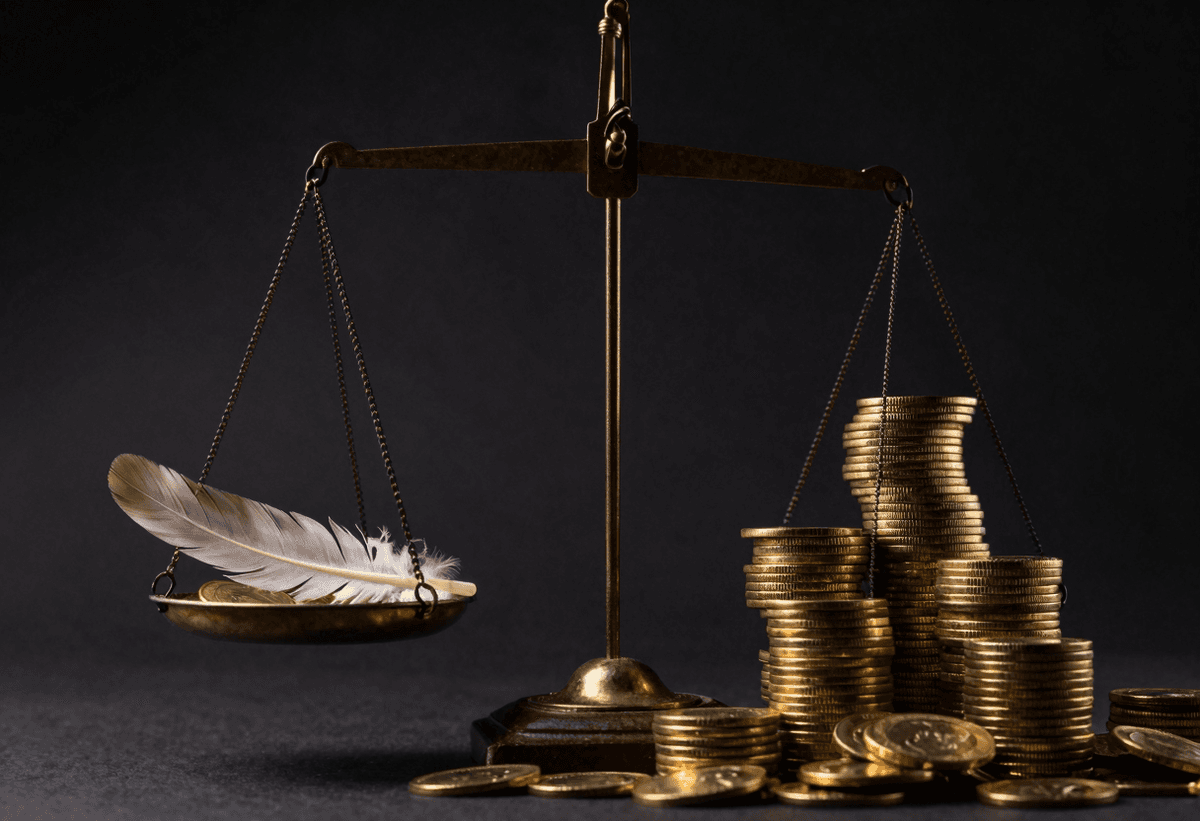 A dramatic scale balance in cinematic style: one side holds a small feather-light coin, the other si