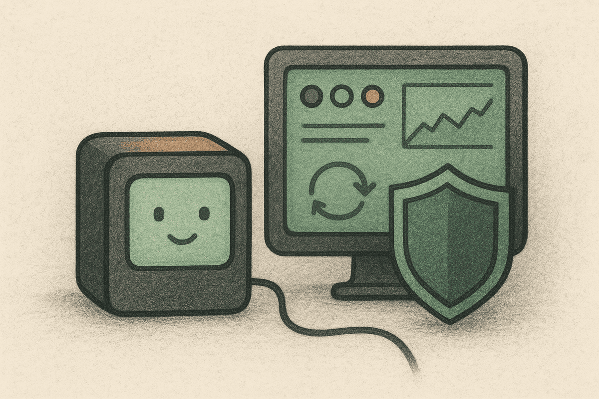 A practical final scene showing a stable small-scale AI assistant system with monitoring dashboard l