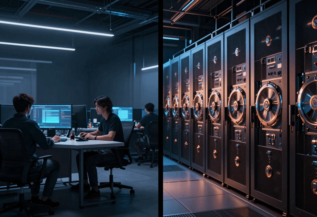 Split-screen editorial art: left side independent creator desks, right side towering platform server