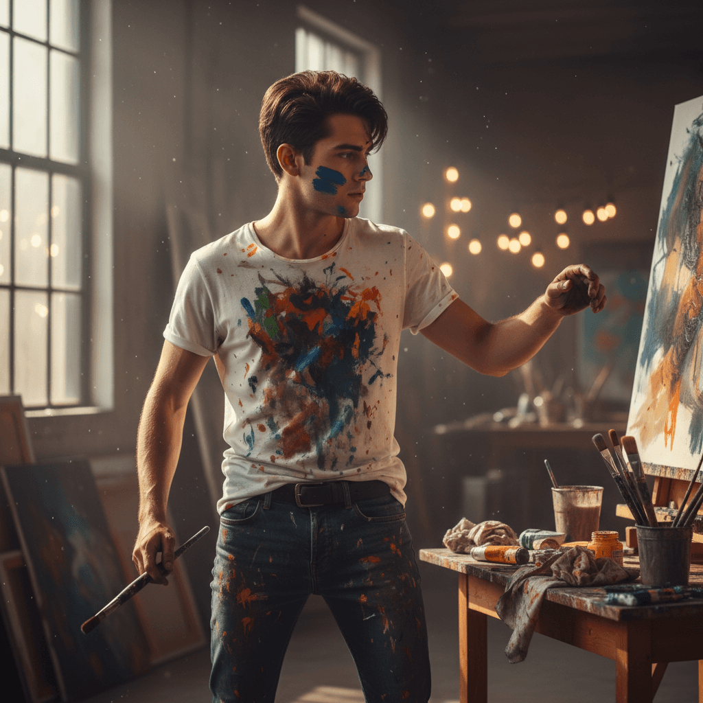Creative portrait of a young artist in their studio, paint-splattered clothes, dramatic side lightin