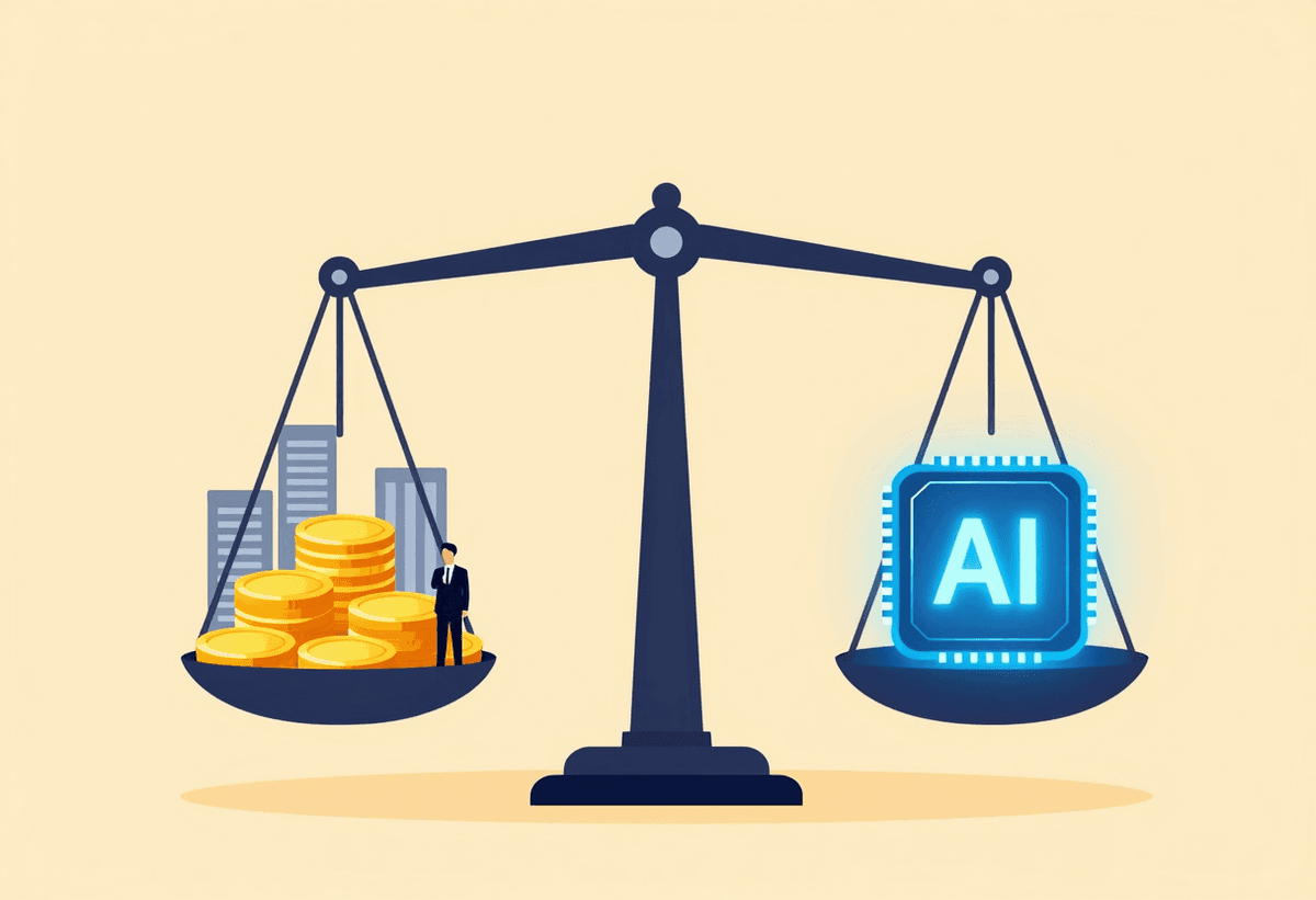 A balance scale tipping heavily: the left pan overflows with stacked gold coins, suited business fig