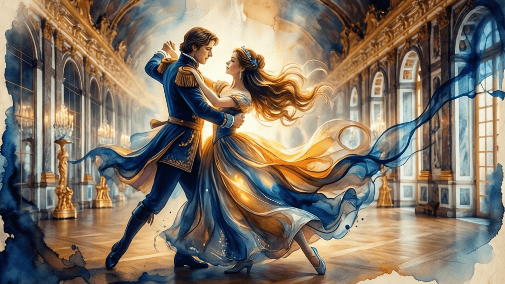 An abstract depiction of a prince and princess in a grand ballroom waltz, where fluid ink patterns i