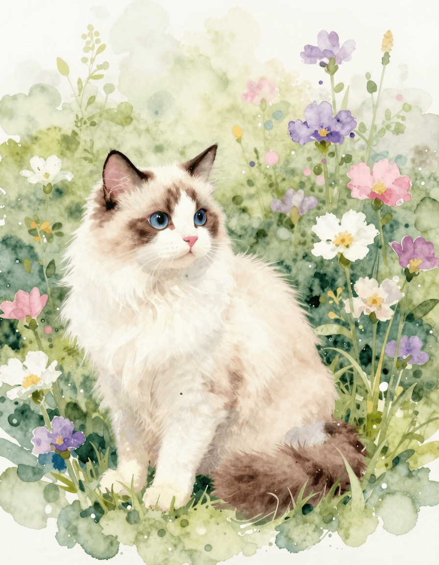 watercolor painting, wet-on-wet washes, delicate color bleeds, soft dreamy, of a cat in a flower gar