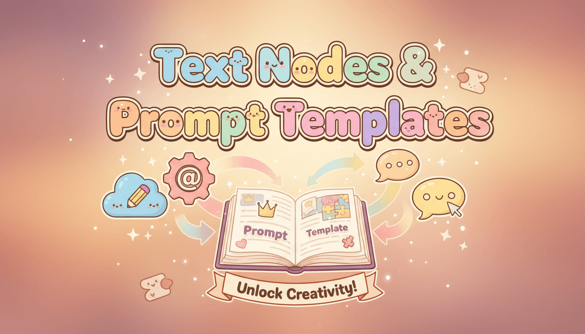 Show me a cute, colorful, warm friendly text for `Text Nodes & Prompt Templates`.
