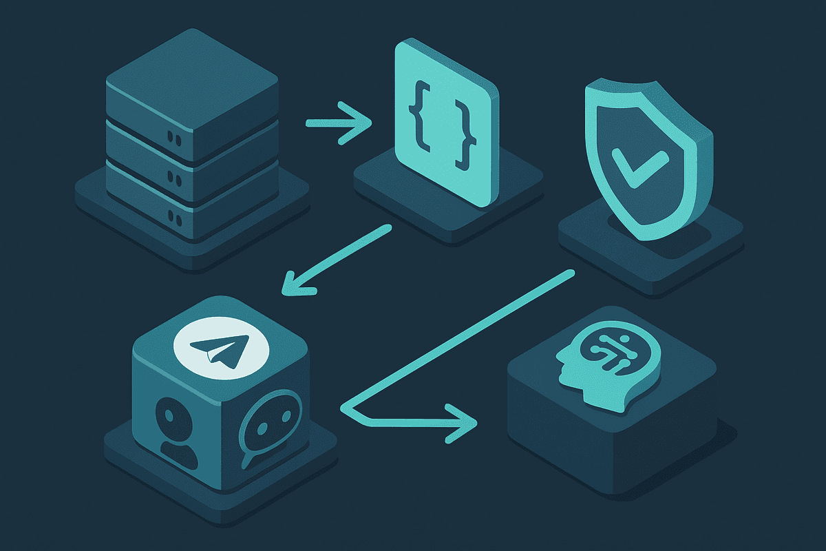 An isometric diagram scene of Telegram bot integration workflow for an AI agent: server node